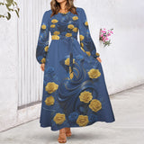 Yellow and blue roses long-sleeve belted maxi dress with round neck and side pockets — side view