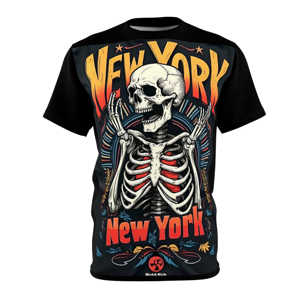 Unisex Gothic New York Skeleton T-Shirt with bold skull graphic on black background