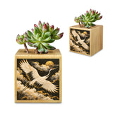 Rich and Rich White Crane Beneath a Golden Moon Mini Wooden Flower Pot