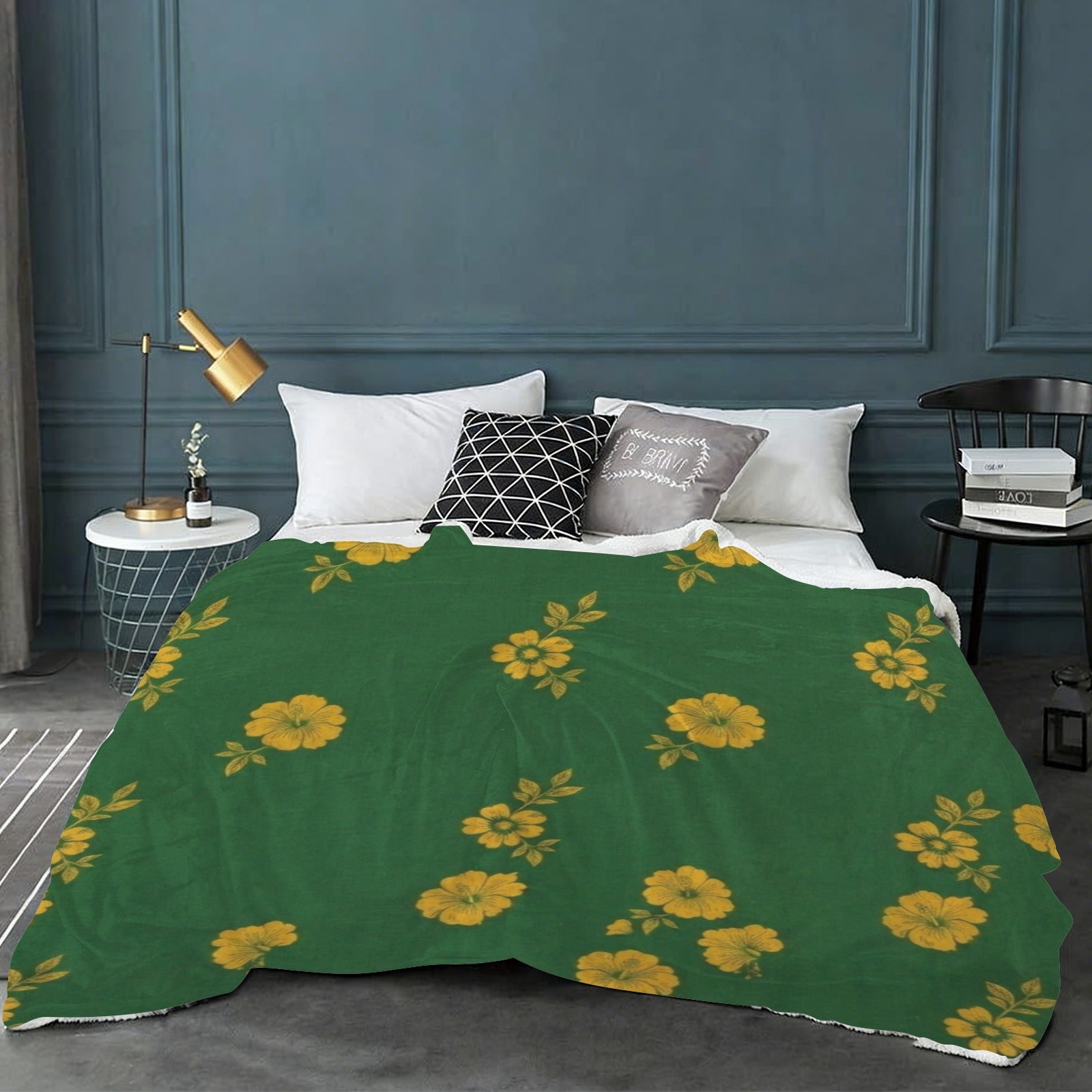Rich and Rich Green Floral Sherpa Fleece Blanket Sherpa Fleece Blanket 90"x108"