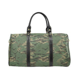 Camouflage woodland nylon weekender bag with PU leather handles and adjustable shoulder strap — rear view