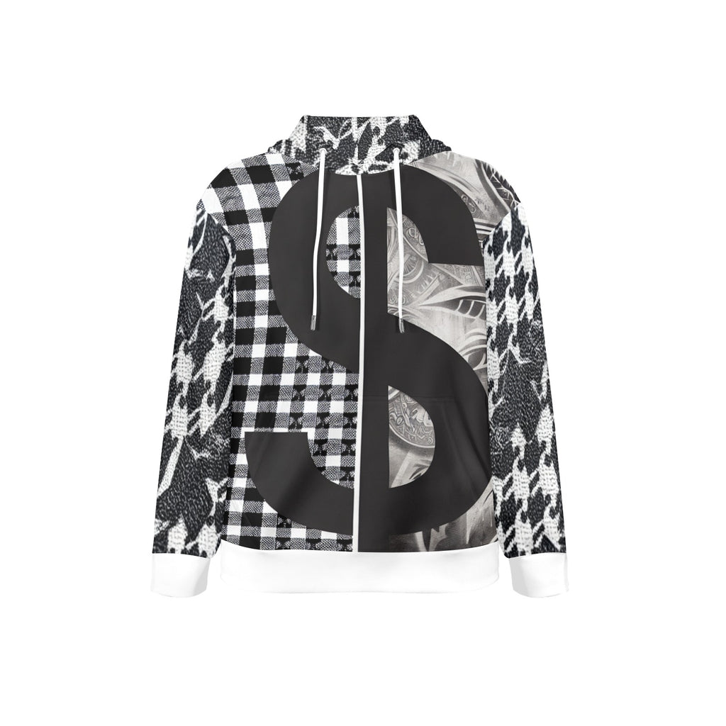 R&RH Black and White Checker Men's Long Sleeve Hoodie with White Trim