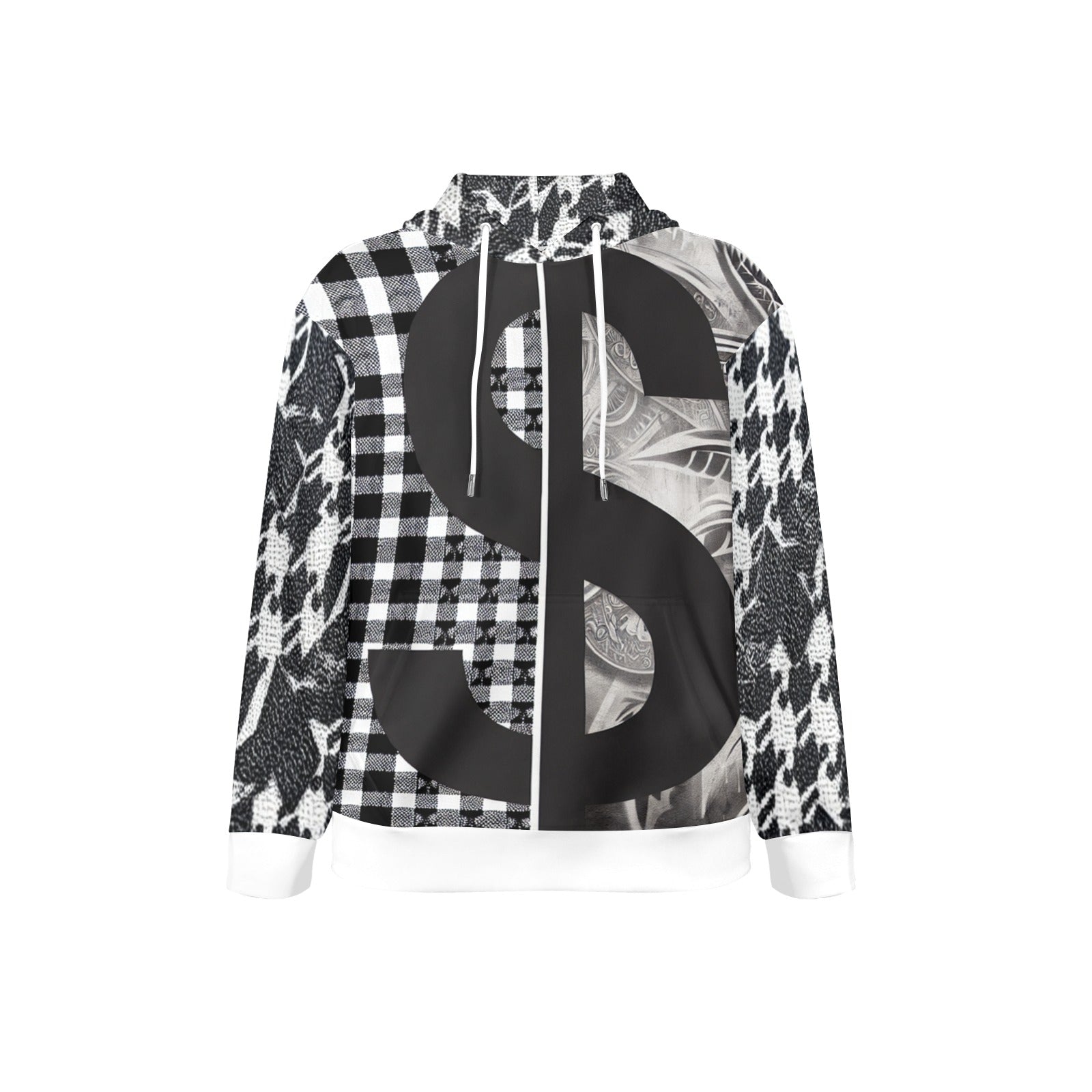 R&RH Black and White Checker Men's Long Sleeve Hoodie with White Trim