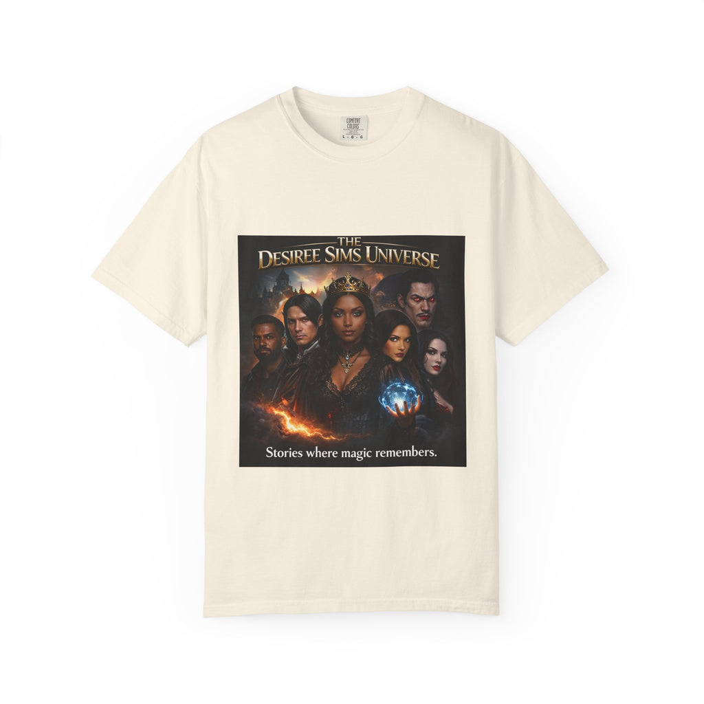 Desiree Sims Universe Fantasy Series Cast Poster T-shirt with cinematic magic print on garment-dyed fabric
