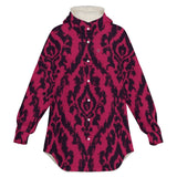 Magenta abstract full snap fleece jacket with hood, sherpa lining and multiple pockets — product detail