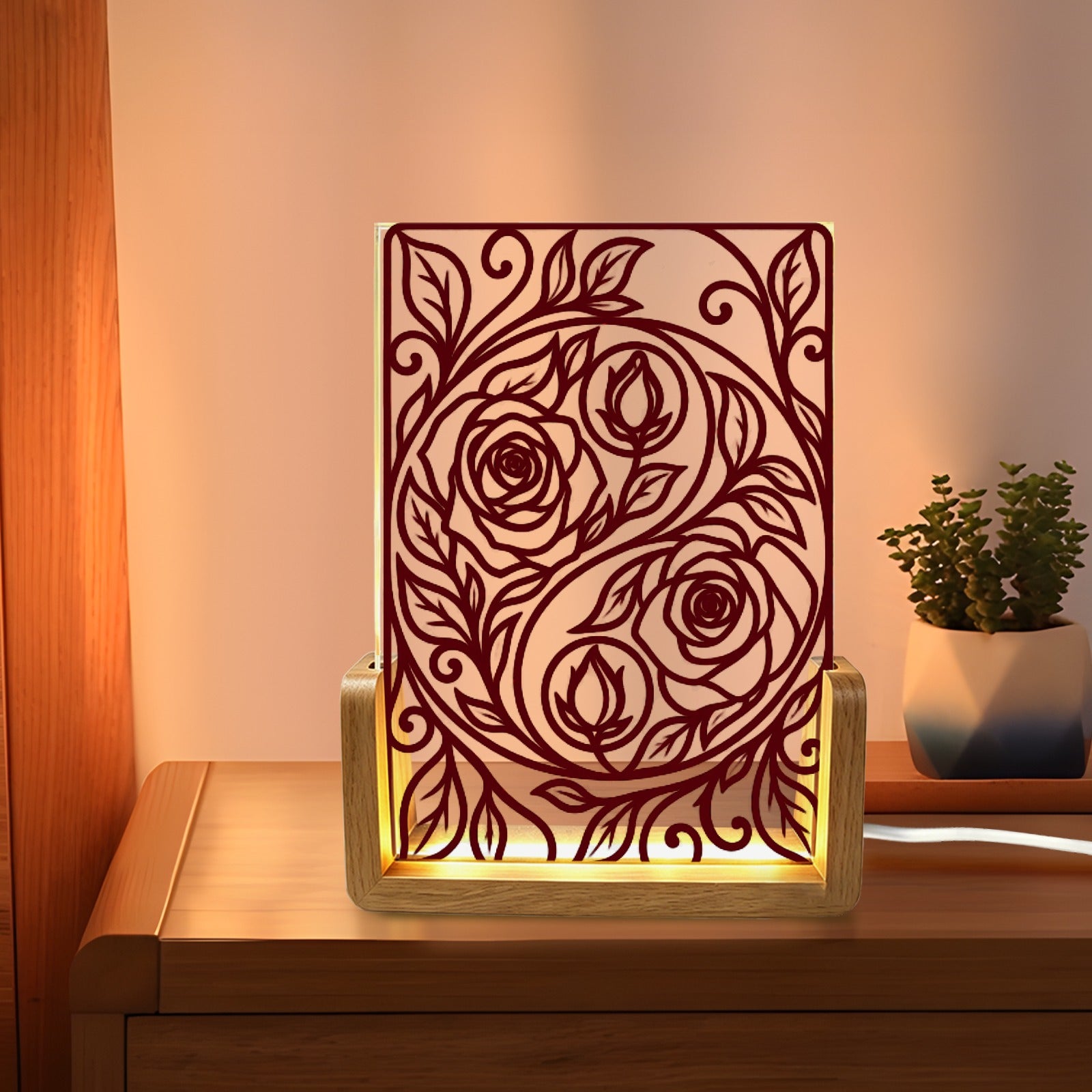 Rich and Rich Harmony Heritage Burgundy Floral Yin-Yang Acrylic Night - Rich and Rich Homeopportunities