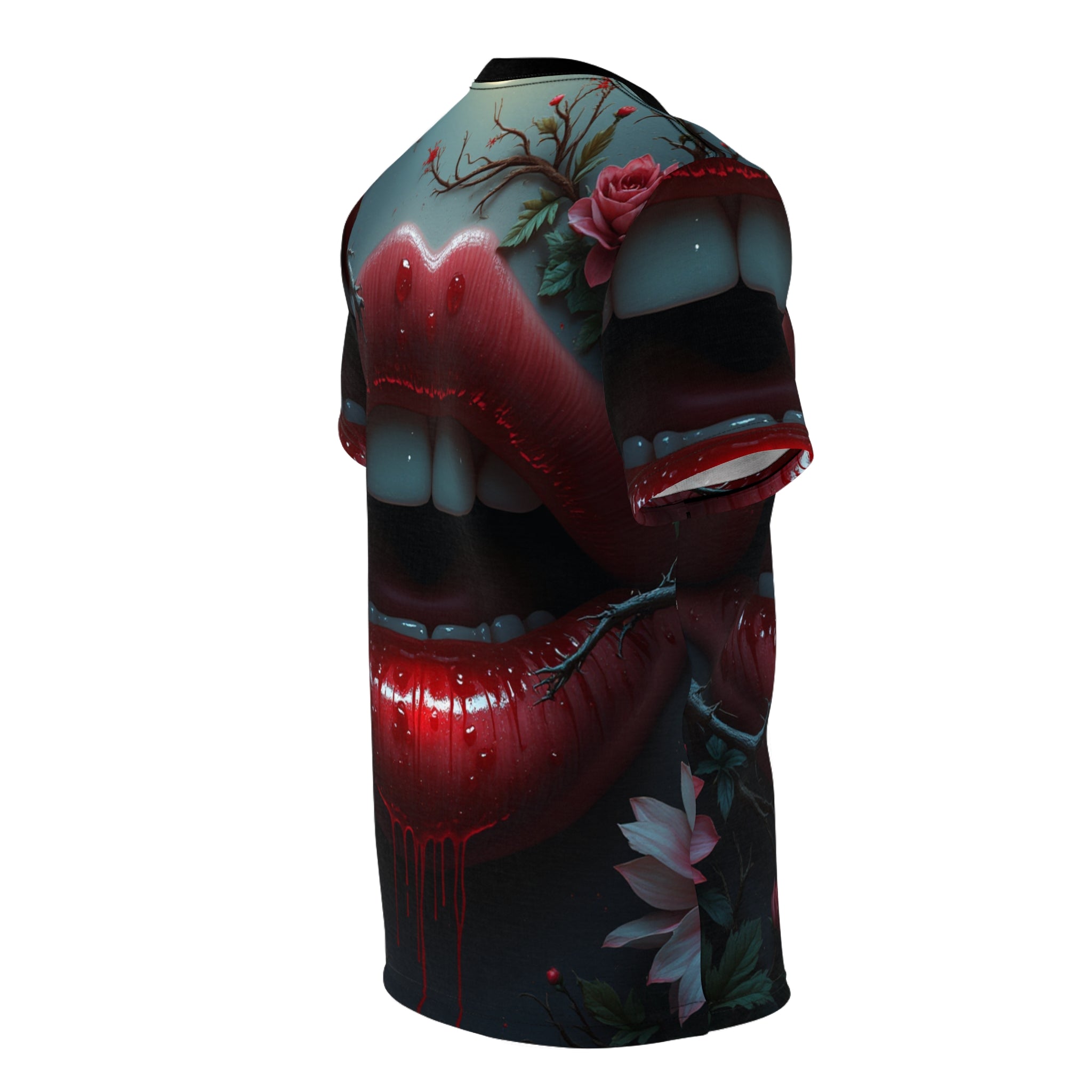 Vampiric Kiss Unisex Gothic Halloween Graphic Tee with dark vampire-inspired design