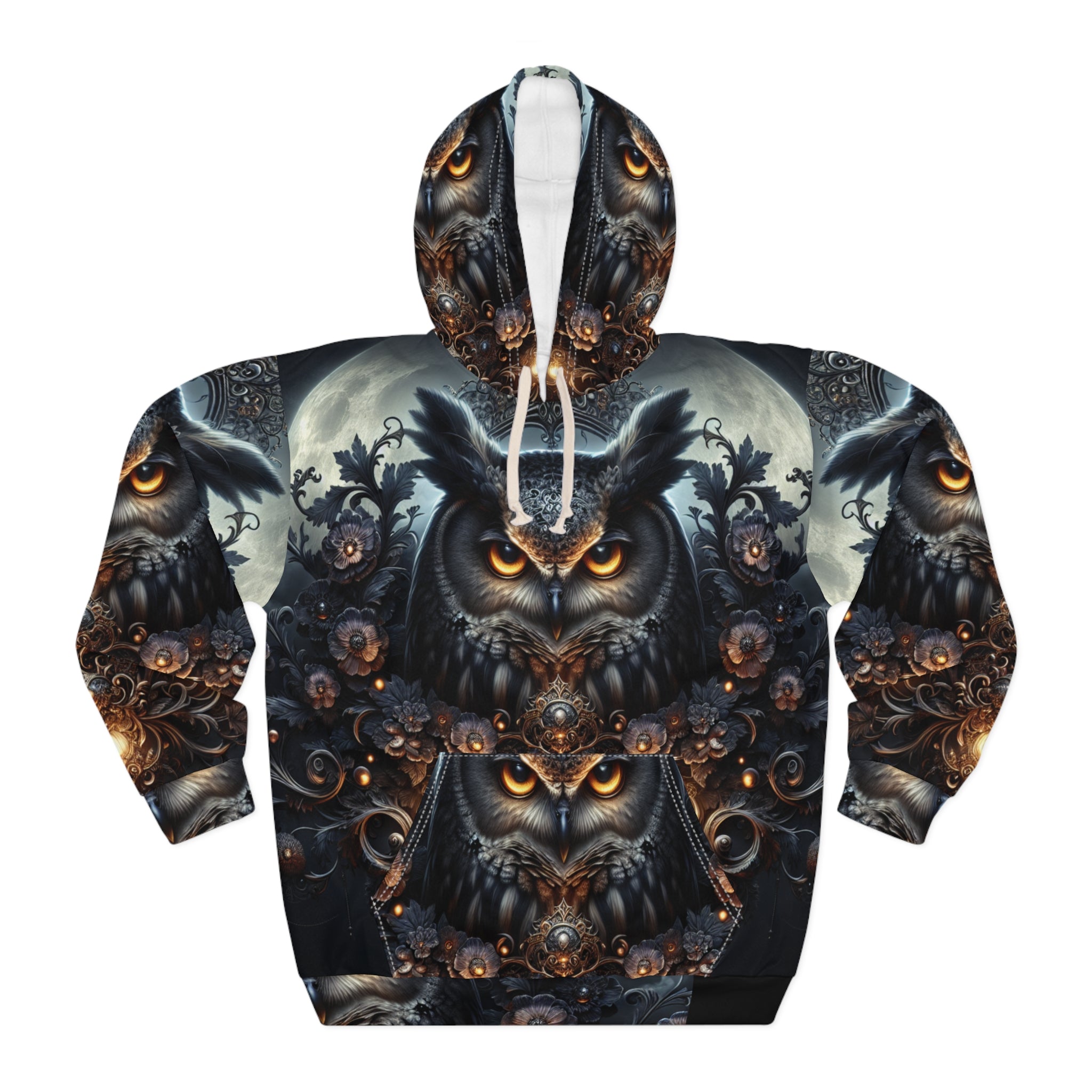 Unisex pullover hoodie with vibrant all-over owl design, kangaroo pocket and adjustable hood — alternate view