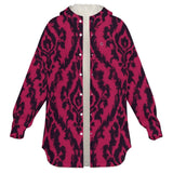 Magenta abstract full snap fleece jacket with hood, sherpa lining and multiple pockets — additional view 6
