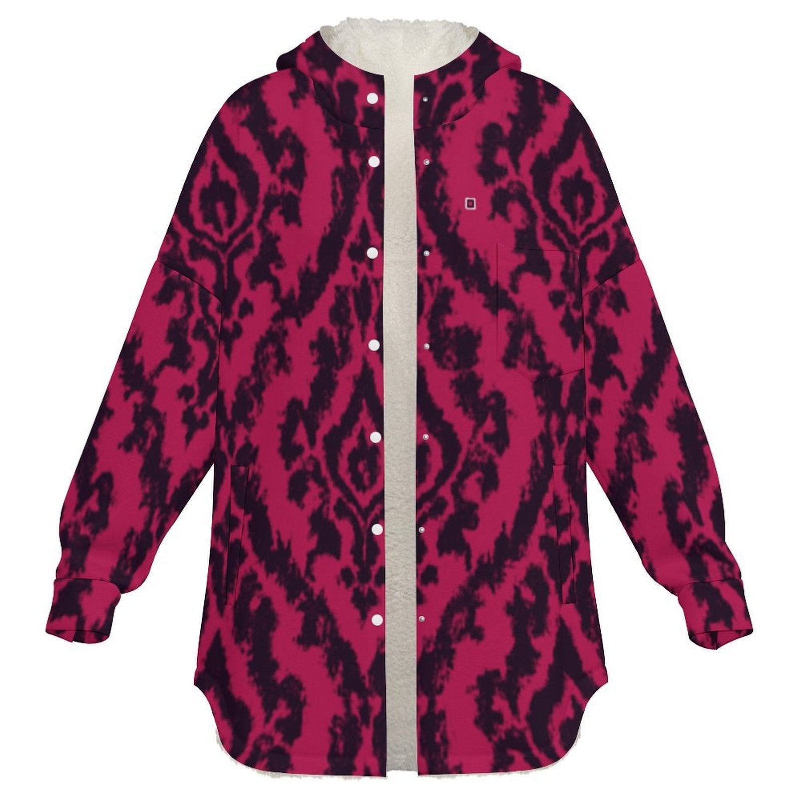 Magenta abstract full snap fleece jacket with hood, sherpa lining and multiple pockets — additional view 6