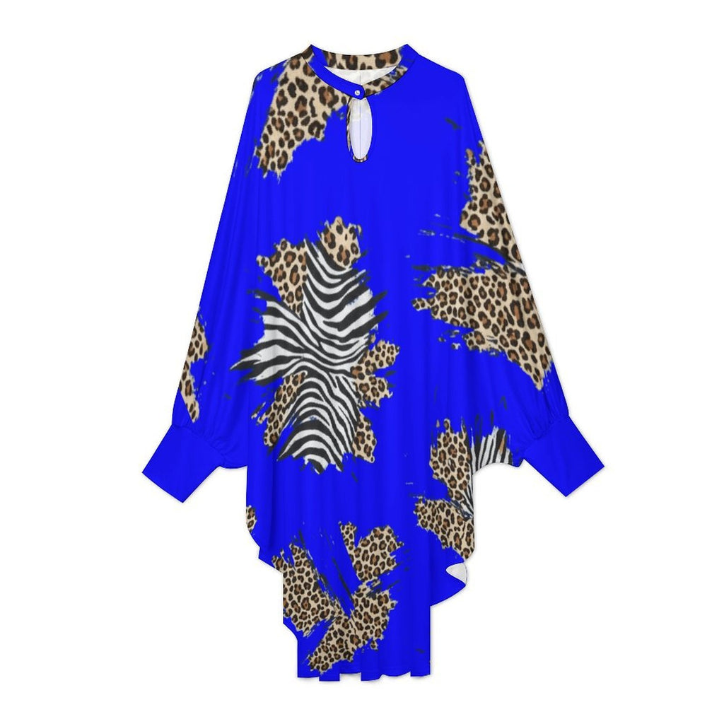 Rich and Rich Royal Blue Animal Print Oversize Batwing Sleeves Women's Dress