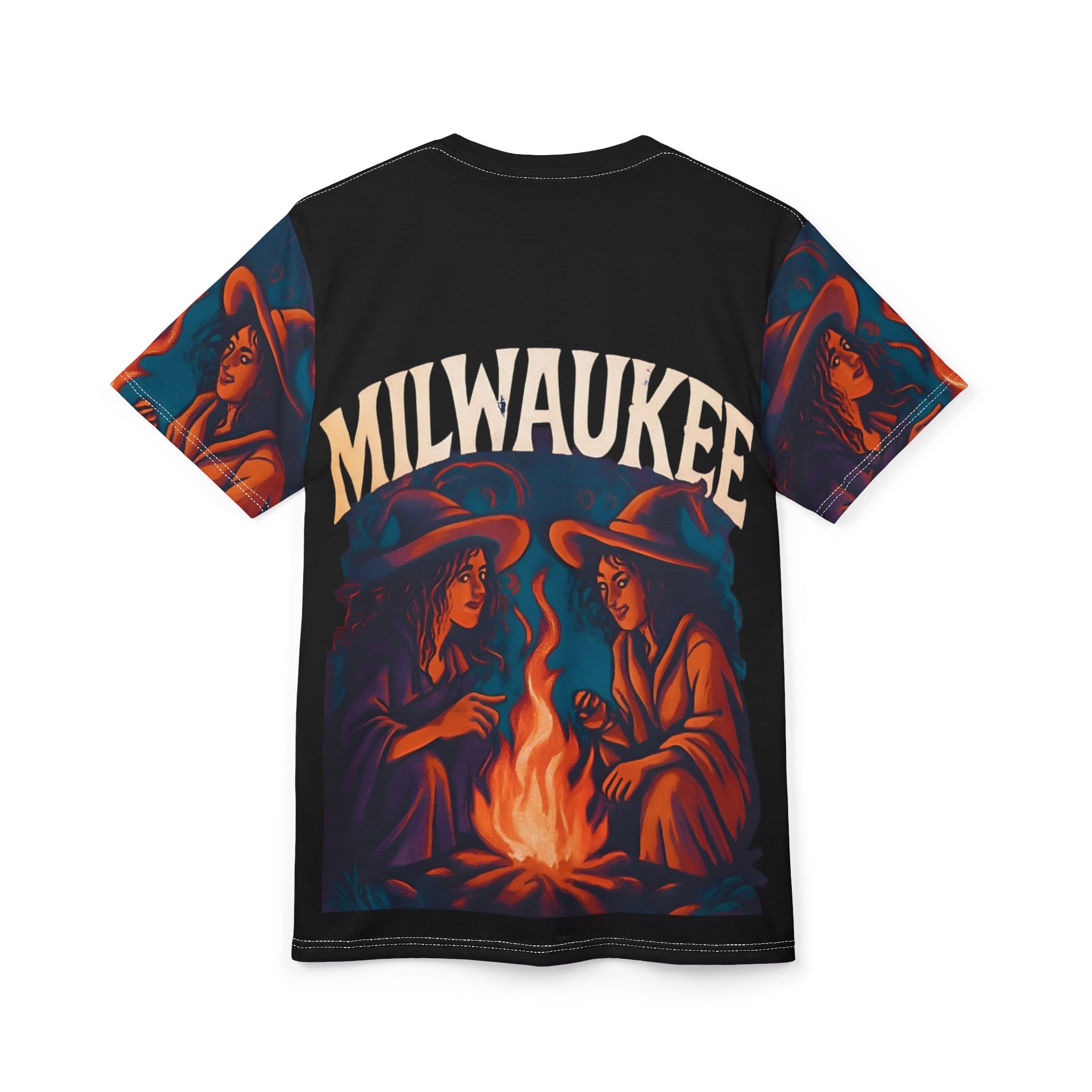 Milwaukee Witchy Vibes Unisex Tee featuring two witches by a campfire in a vintage Halloween graphic design