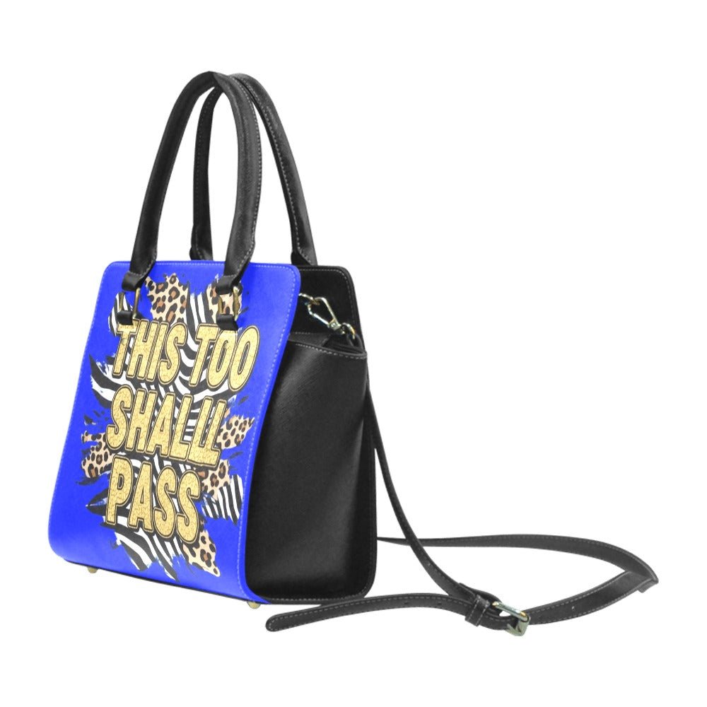 Classic "This Too Shall Pass" PU leather shoulder handbag with double handles and removable strap — side view