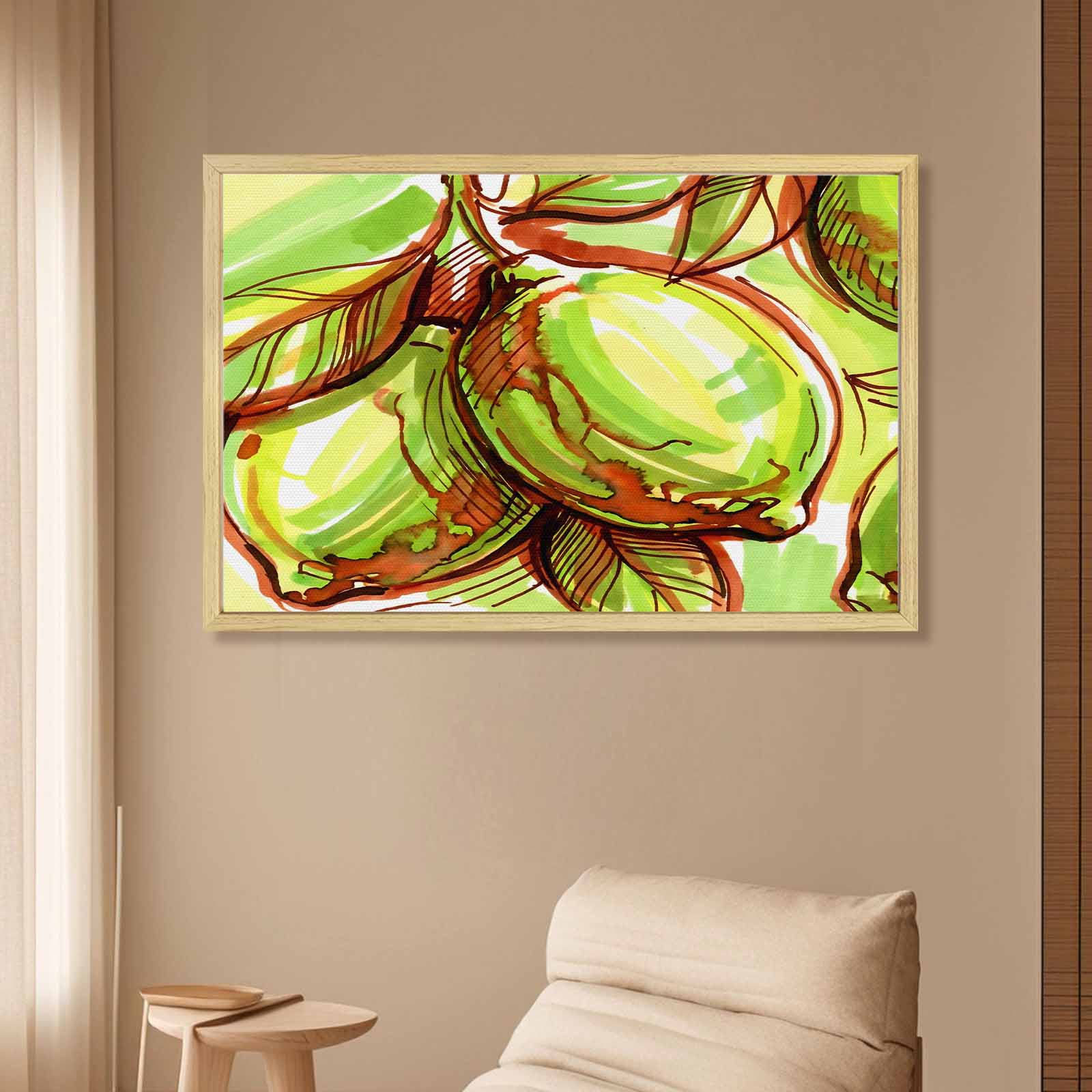 Tropical botanical sketch canvas art in a natural wood frame, 36x24 inch — rear view