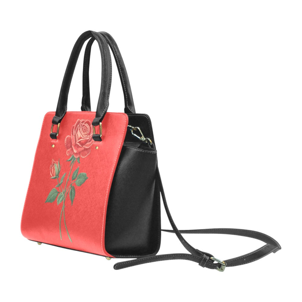R&RH Red Roses Classic Women's Shoulder Handbag in red PU leather with double handles and adjustable shoulder strap