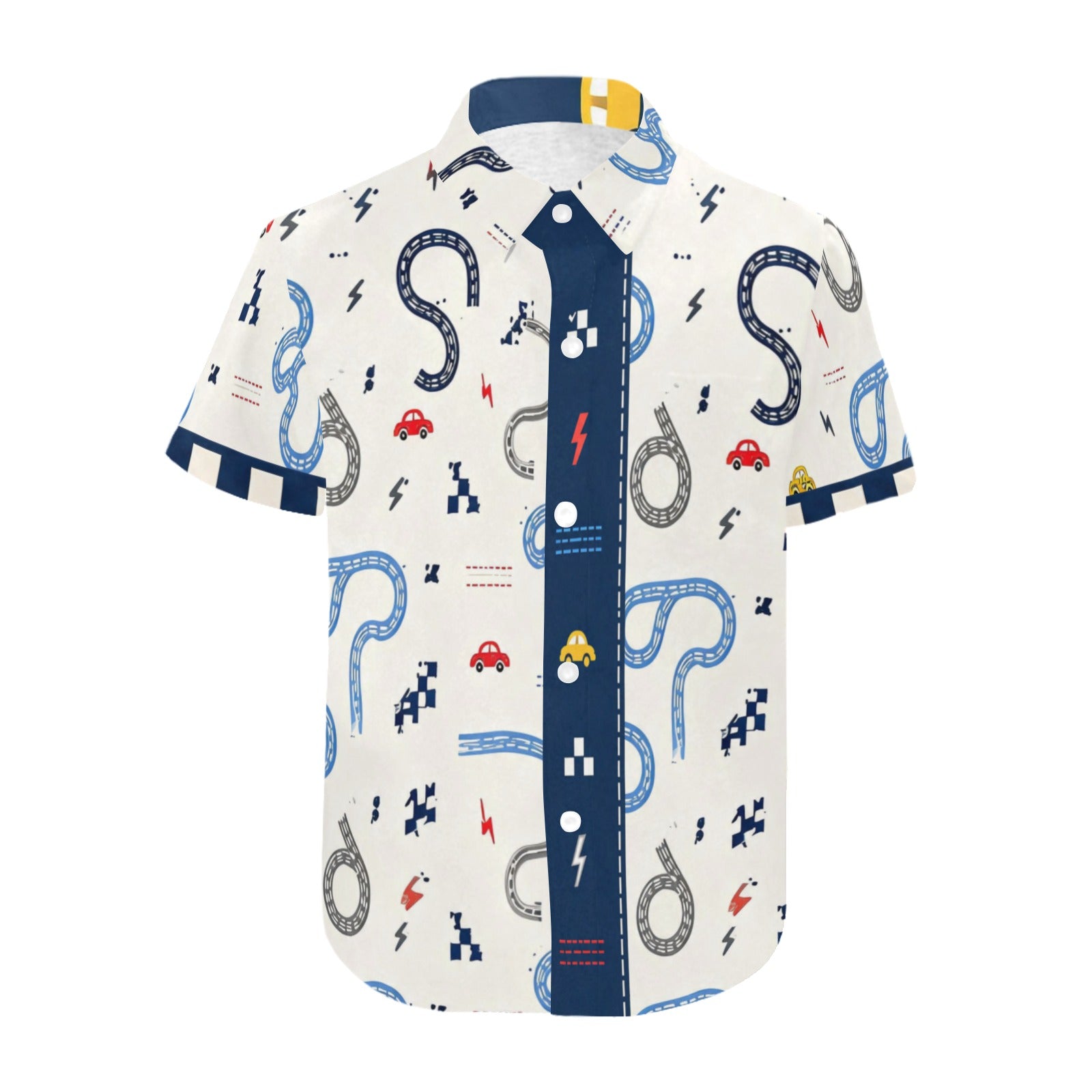 Beige and blue boys' short-sleeve shirt with cars motif and self-fabric cuff detail — additional view 7