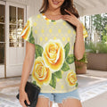 Yellow Rose and Polka Dot Women's Crewneck Sleeve T-Shirt with floral and polka dot pattern