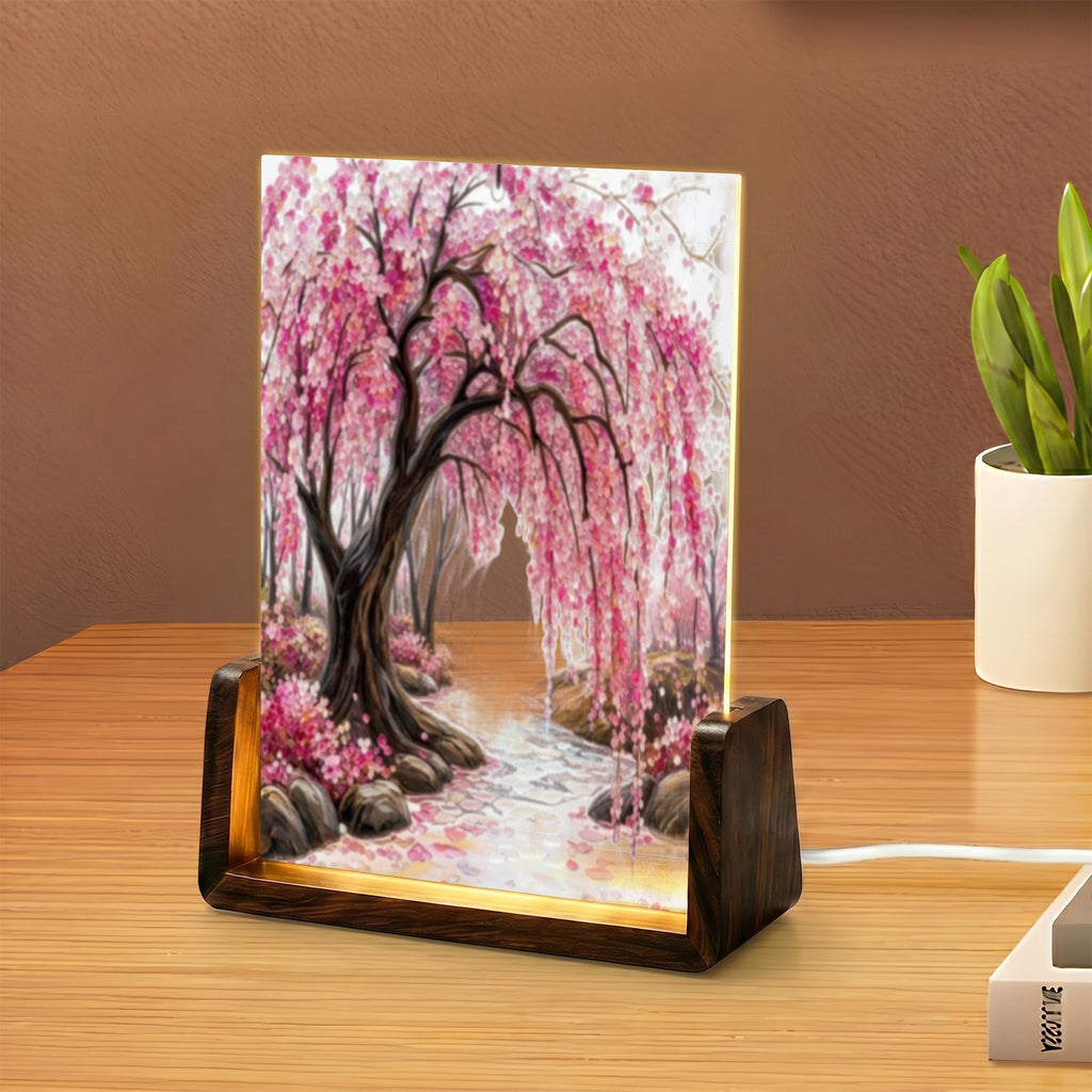 Japanese Cherry Blossom Acrylic Night Light Walnut Base 5"x7" (3 Color Temps Walnut Base)