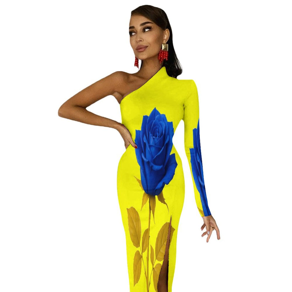 Woman wearing a one-shoulder half sleeve split maxi dress in soft polyester blend