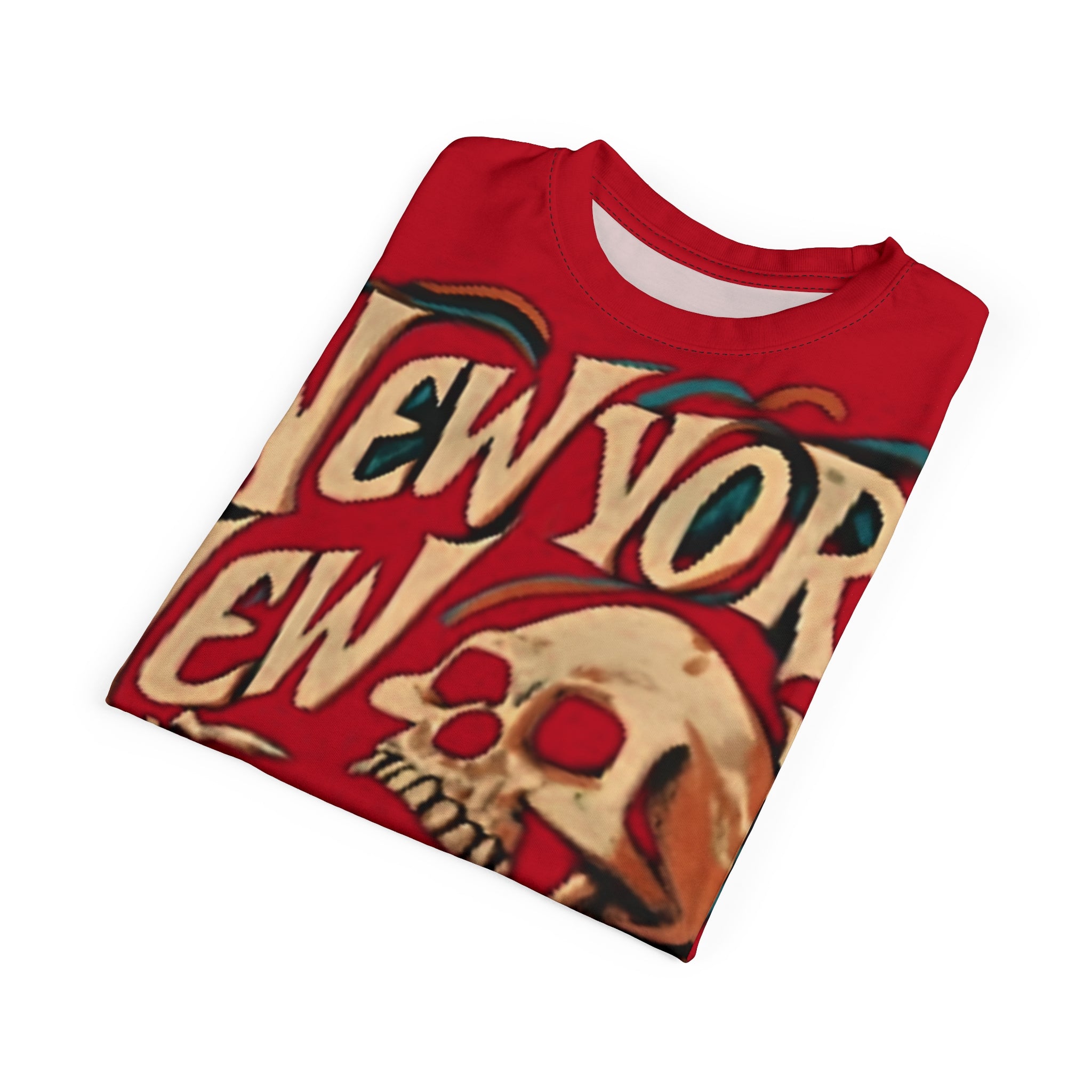 New York Skeleton Graphic Tee featuring vintage skull design in red, unisex all-over print shirt