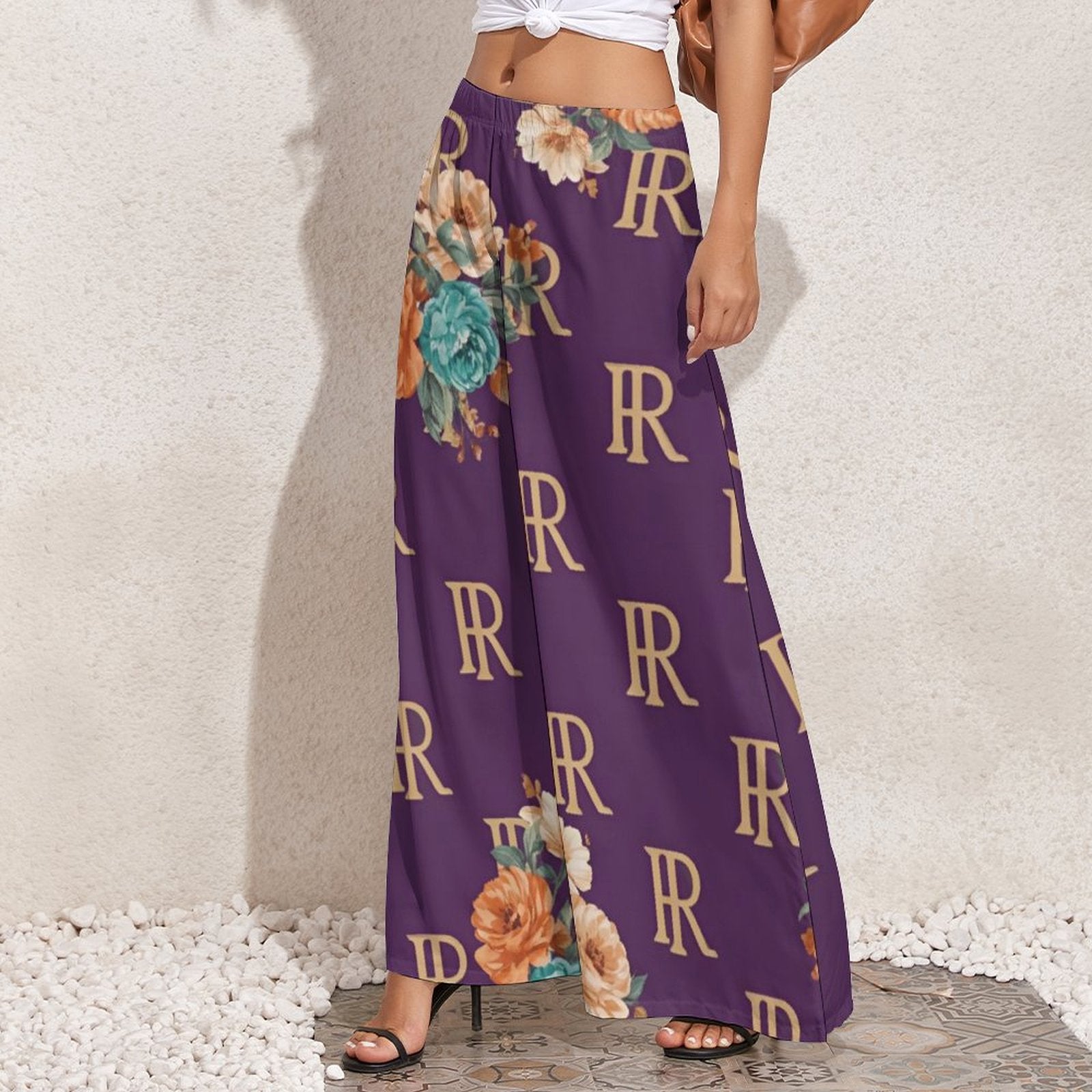 Purple women's high-waist wide-leg pants with flowing wide legs — product detail