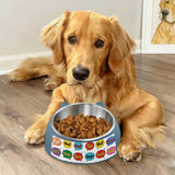 Pet bowl with doggy dialogue artwork and removable stainless steel inner insert — rear view