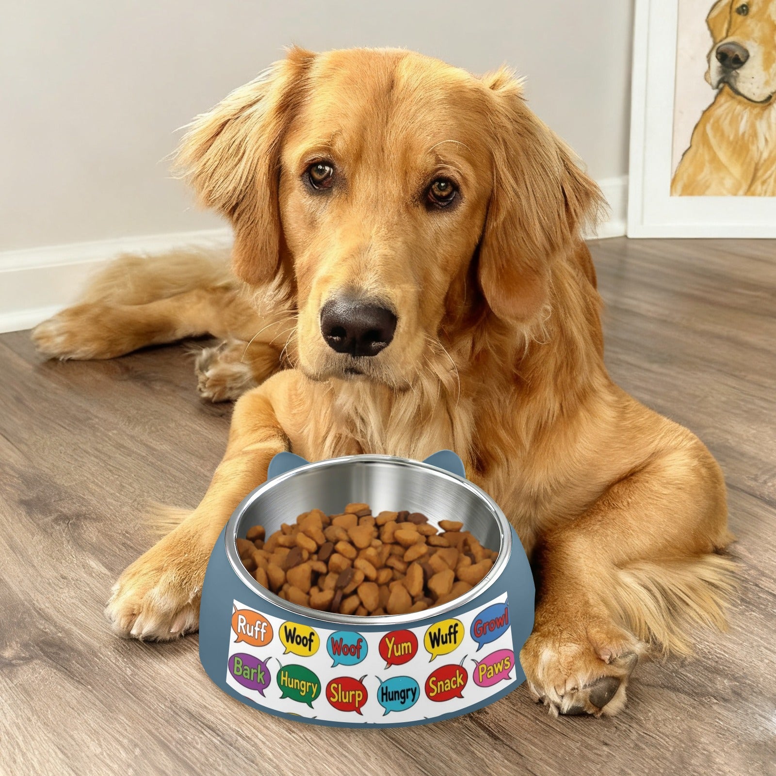 Blue custom pet bowl with cat-ear handles filled with kibble for dogs and cats