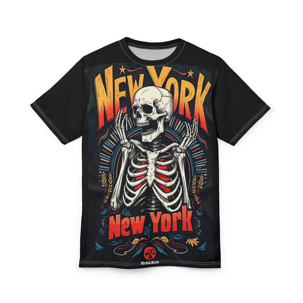 Unisex Gothic New York Skeleton T-Shirt with bold skull graphic on black background
