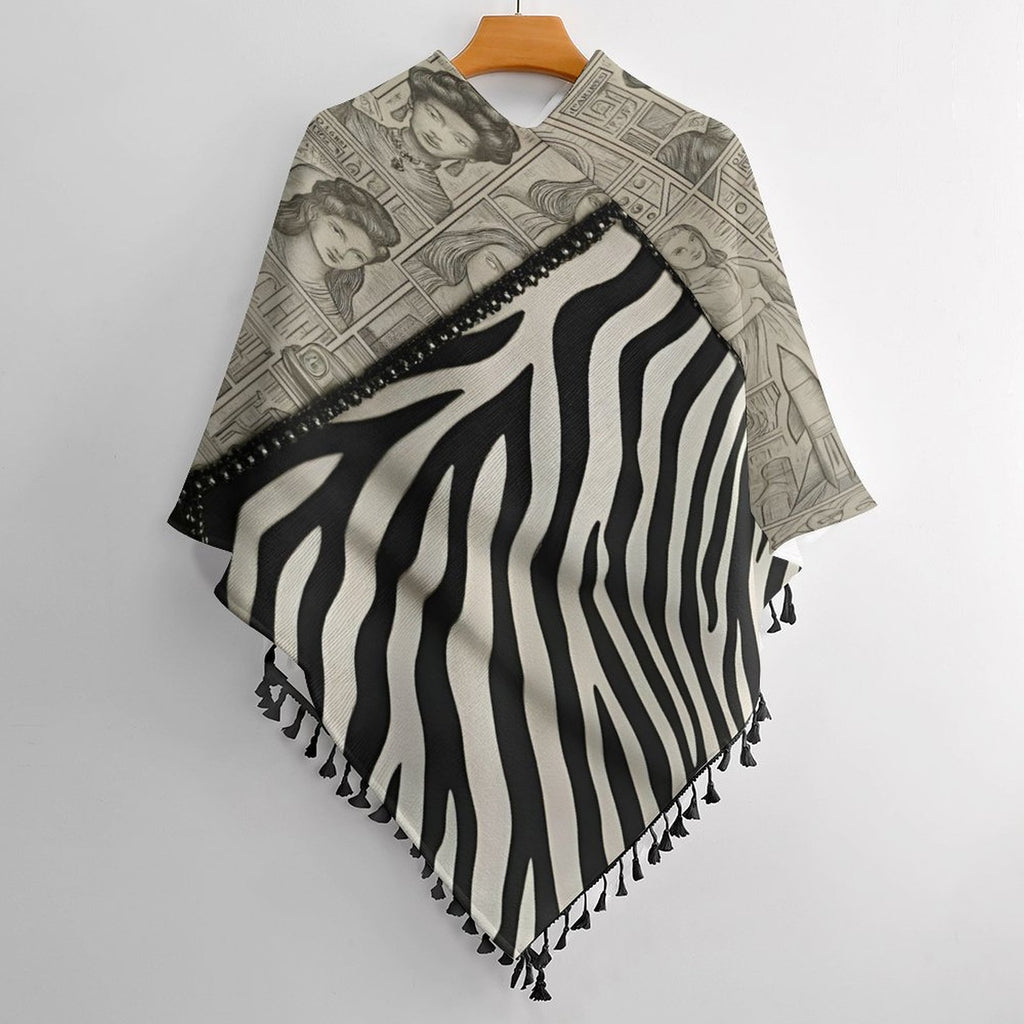 Rich and Rich Black and Beige Women's Tassel Cape with loose cardigan style