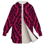 Magenta abstract full snap fleece jacket with hood, sherpa lining and multiple pockets — rear view