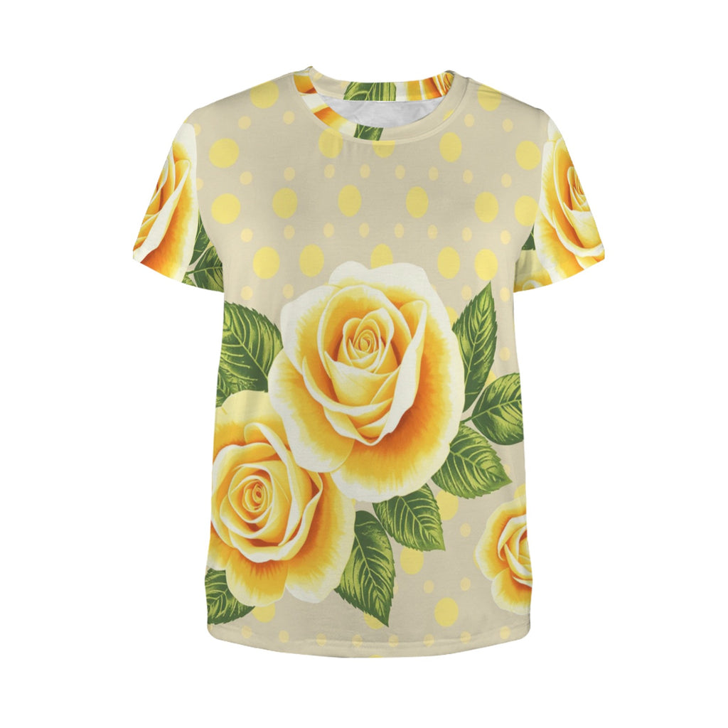 Yellow Rose and Polka Dot Women's Crewneck Sleeve T-Shirt with floral and polka dot pattern