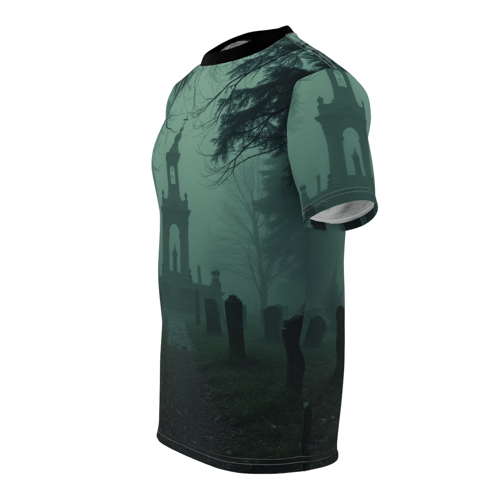 Eerie Cemetery Unisex Halloween T-shirt featuring spooky ghost and misty graveyard all-over print design