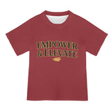 Women's relaxed-fit burgundy all-over print mesh T-shirt with 'Empower and Elevate' design — alternate view