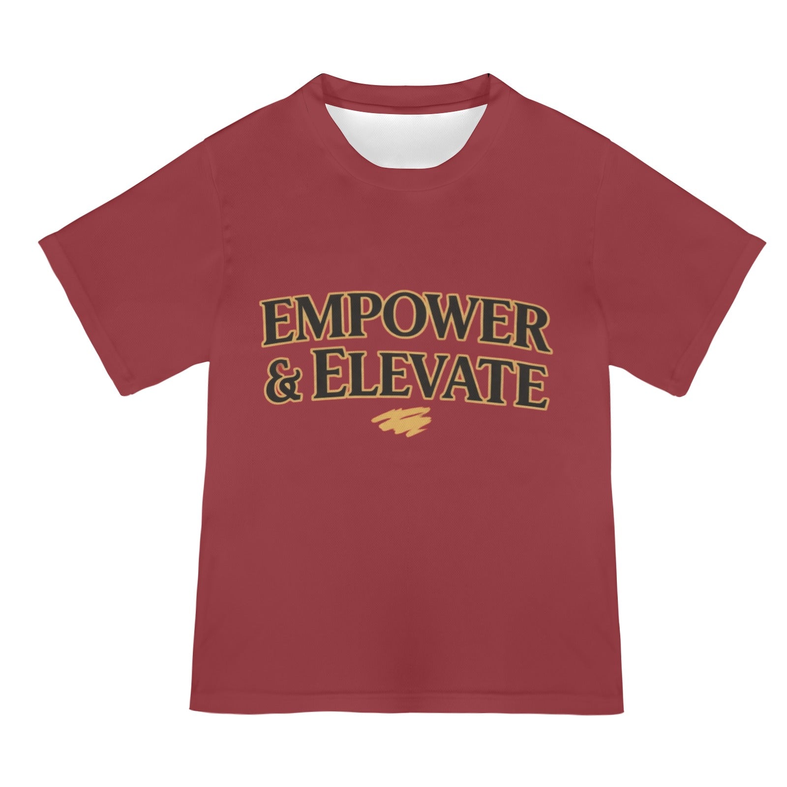 Women's relaxed-fit burgundy all-over print mesh T-shirt with 'Empower and Elevate' design — alternate view