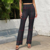 Women's red check bell-bottom flare pants with high waist and elastic band — side view