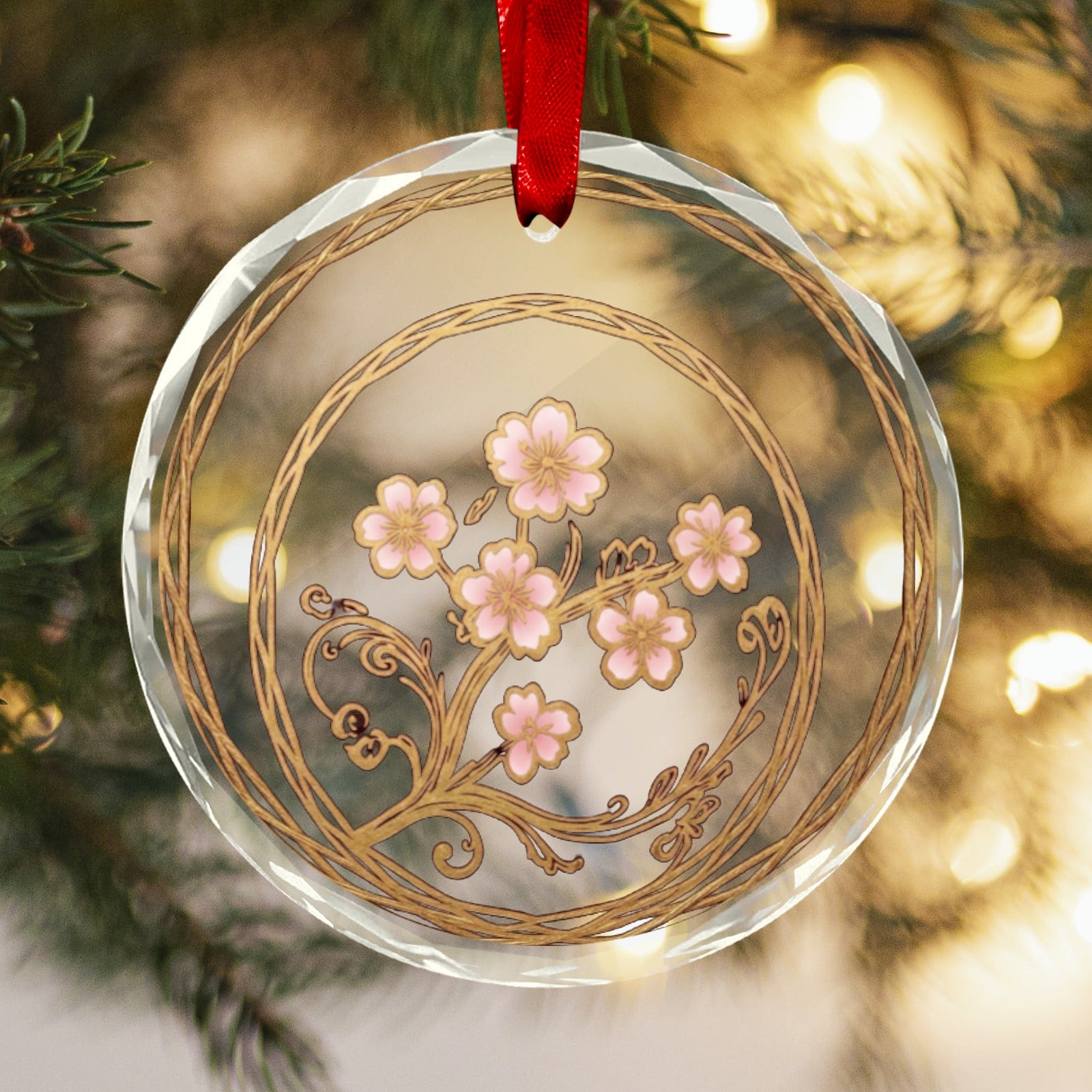Rich and Rich Japanese Cherry Blossom Round Crystal Glass Ornament