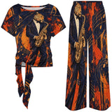 Jazz Palazzo Co-Ord Blue Leopard Saxophone Women's Pants Set