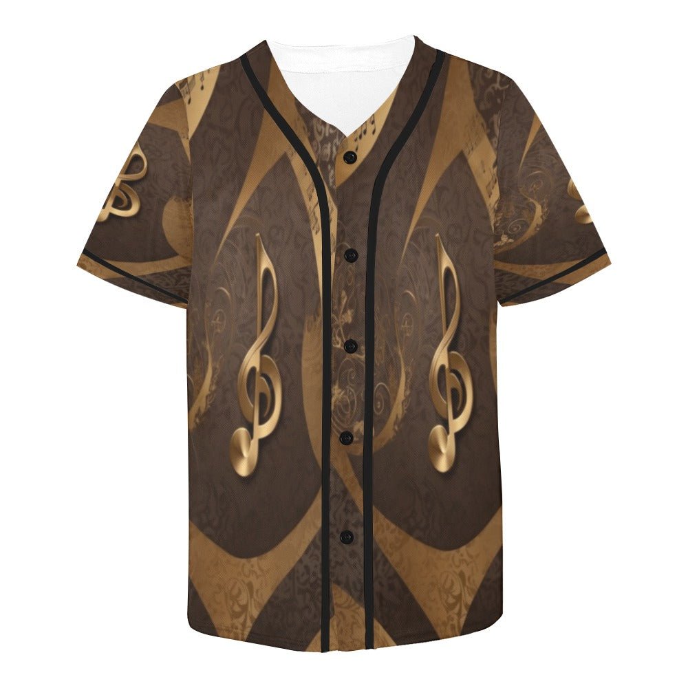 Baseball jersey with gold leopard and musical notes all-over print and full-button front — side view