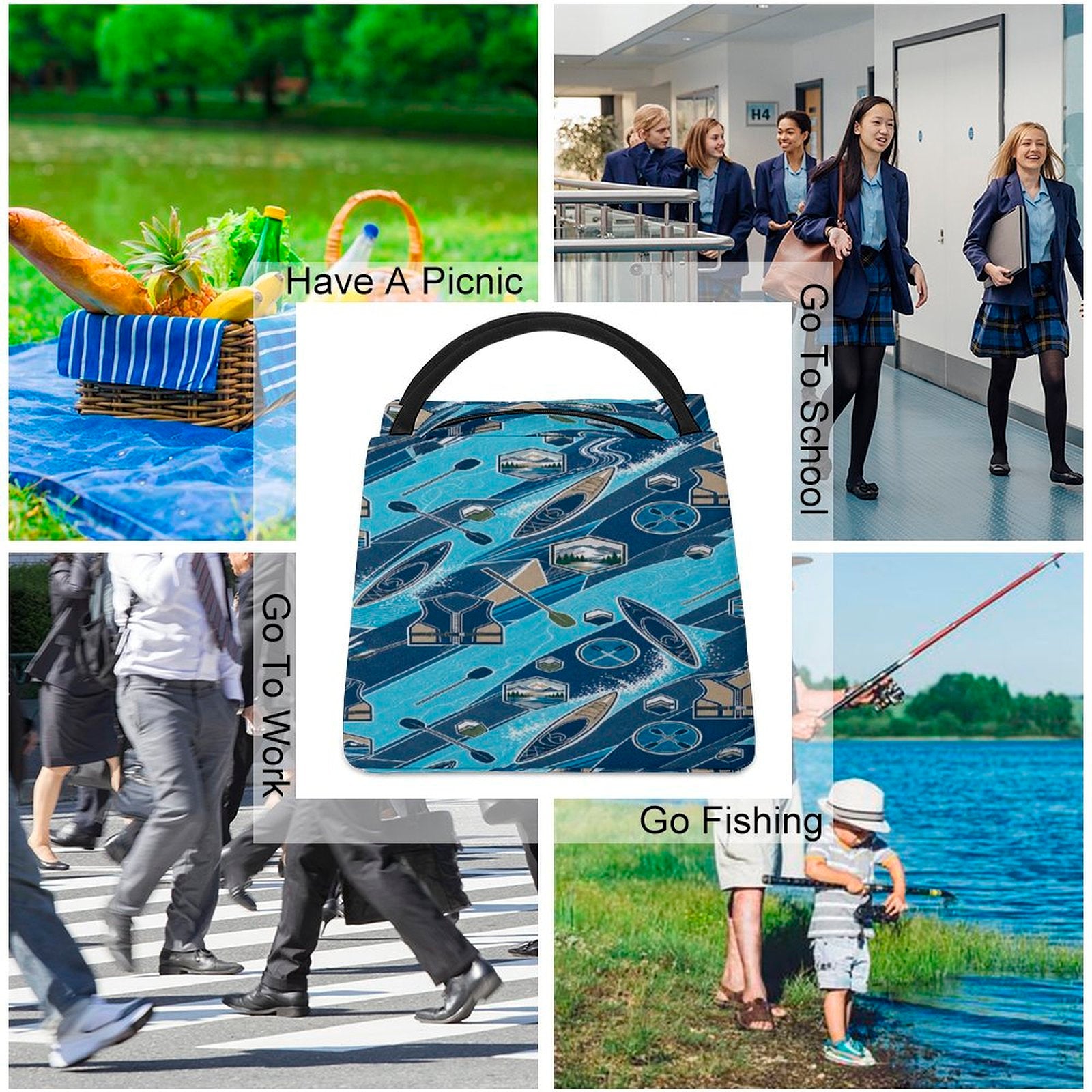 Blue trapezoid insulated lunch bag with outdoor kayaking-inspired design and carry handle — additional view 10