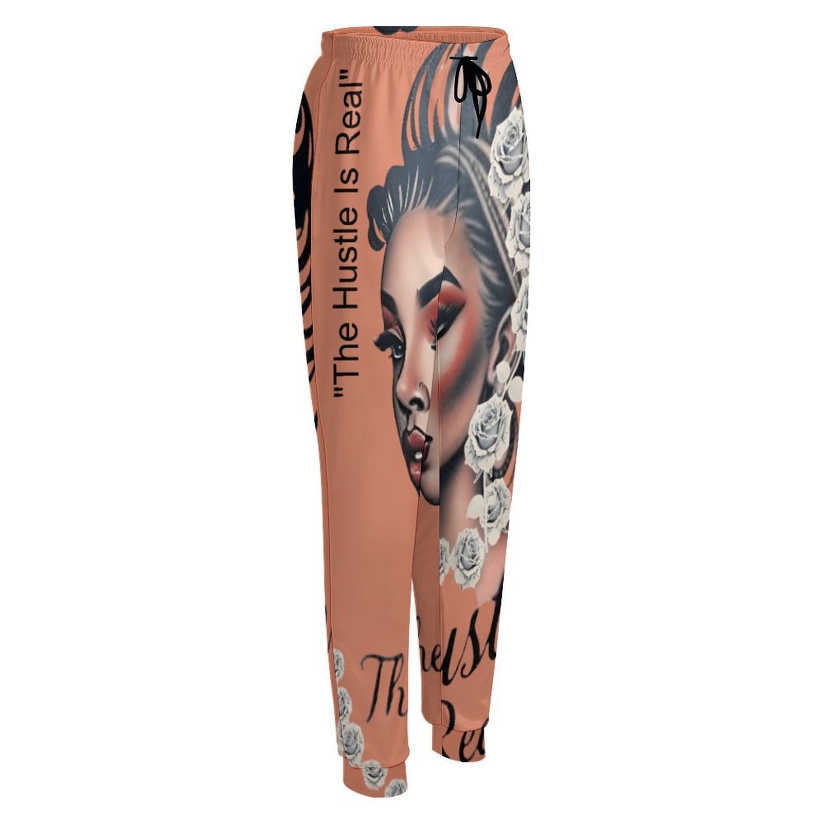 White roses all-over print women's sweatpants with drawstring waistband and front pockets — rear view