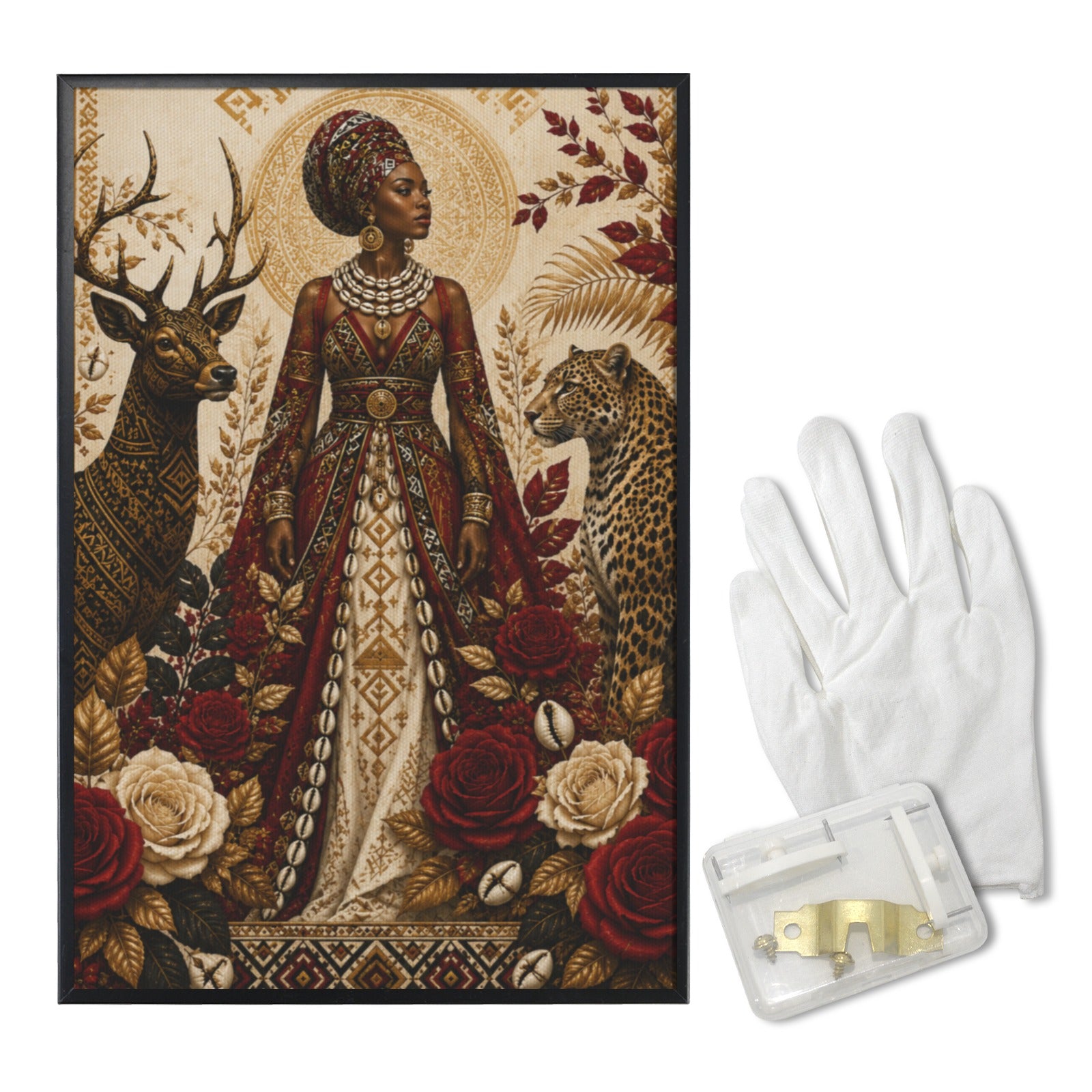 Black-framed canvas print of a Regal Queen portrait, 24 by 36 inches — alternate view