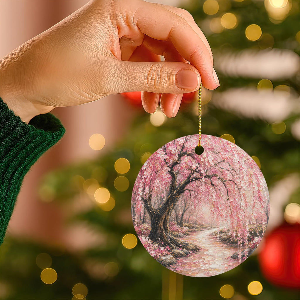 Japanese Pink Cherry Blossom Painting Round Ceramic Ornament (Two-Sided Same Print)