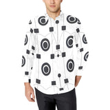 Men's white geometric dress shirt with button-down collar and no chest pocket