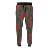 Men's red all-over camo print sweatpants with tapered legs and drawstring waist — rear view