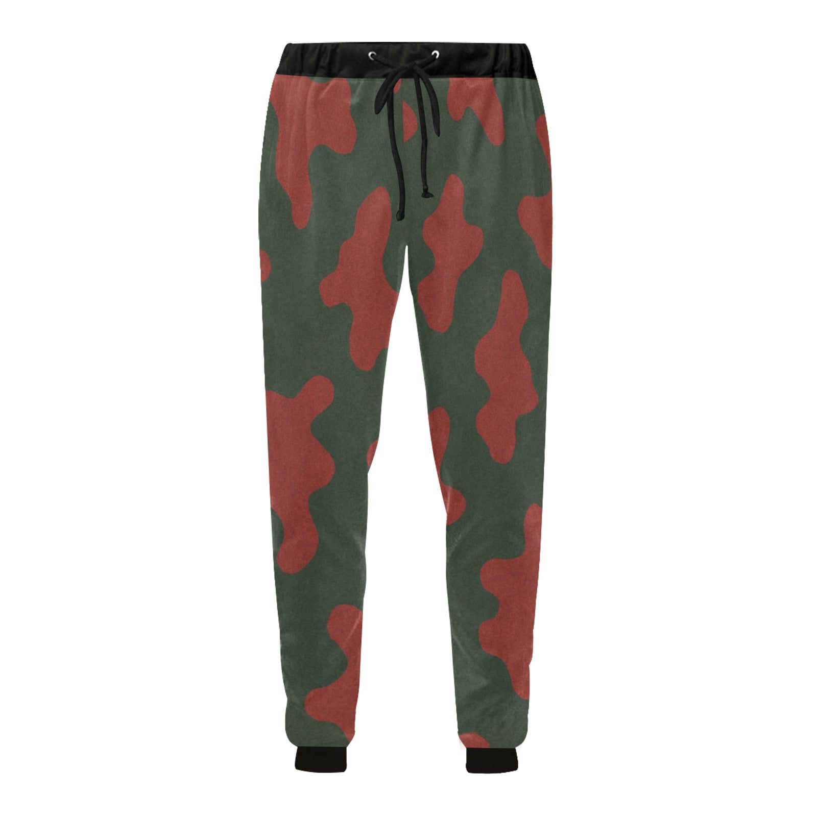 Men's red all-over camo print sweatpants with tapered legs and drawstring waist — rear view
