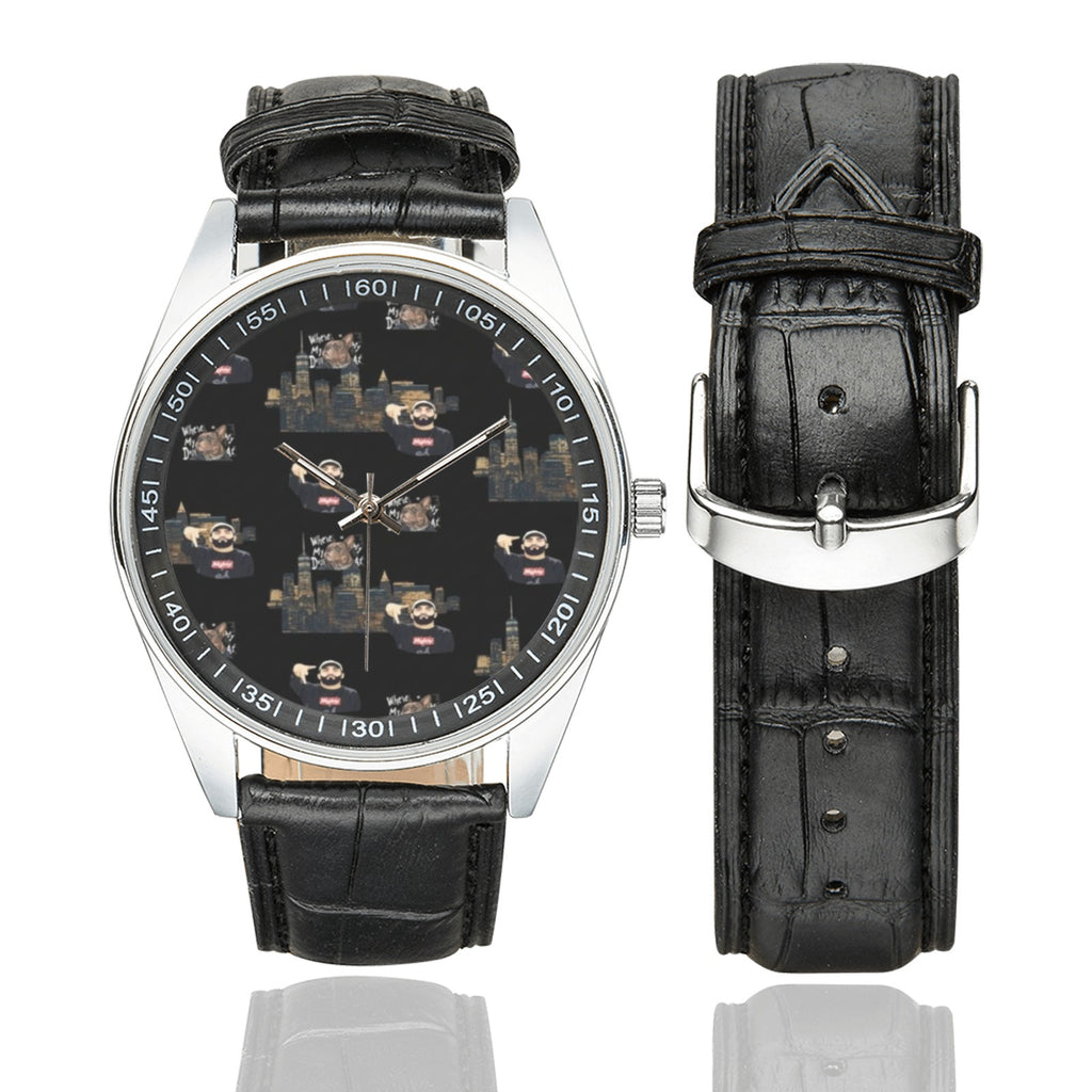 Rich and Rich Men's Caricature Black Leather Strap Watch with silver stainless steel case and black leather band