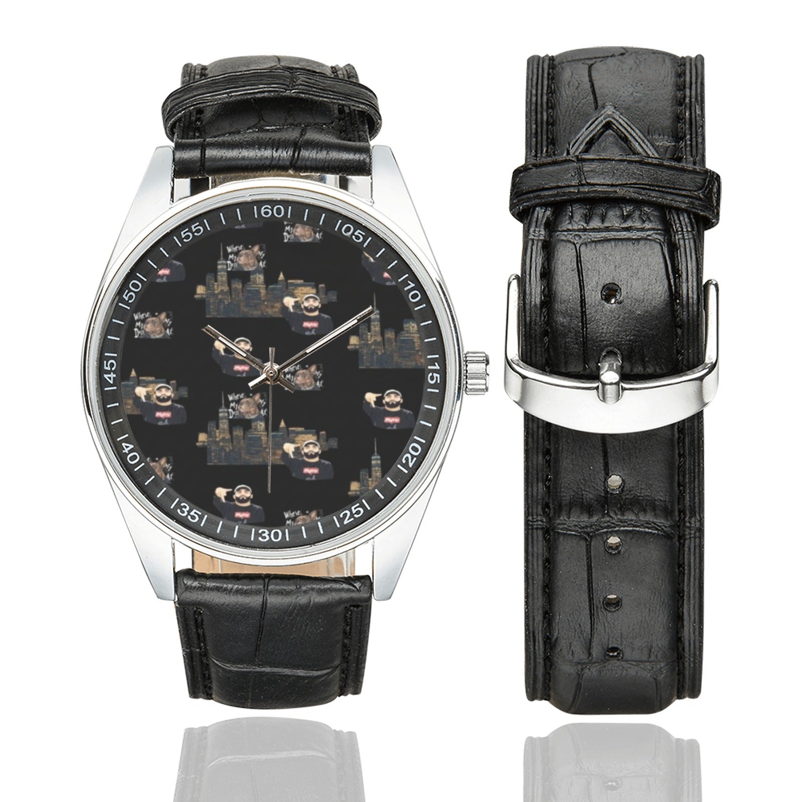Rich and Rich Men's Caricature Black Leather Strap Watch with silver stainless steel case and black leather band