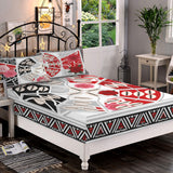 Crimson tribal-pattern queen fitted sheet with two matching pillowcases — rear view
