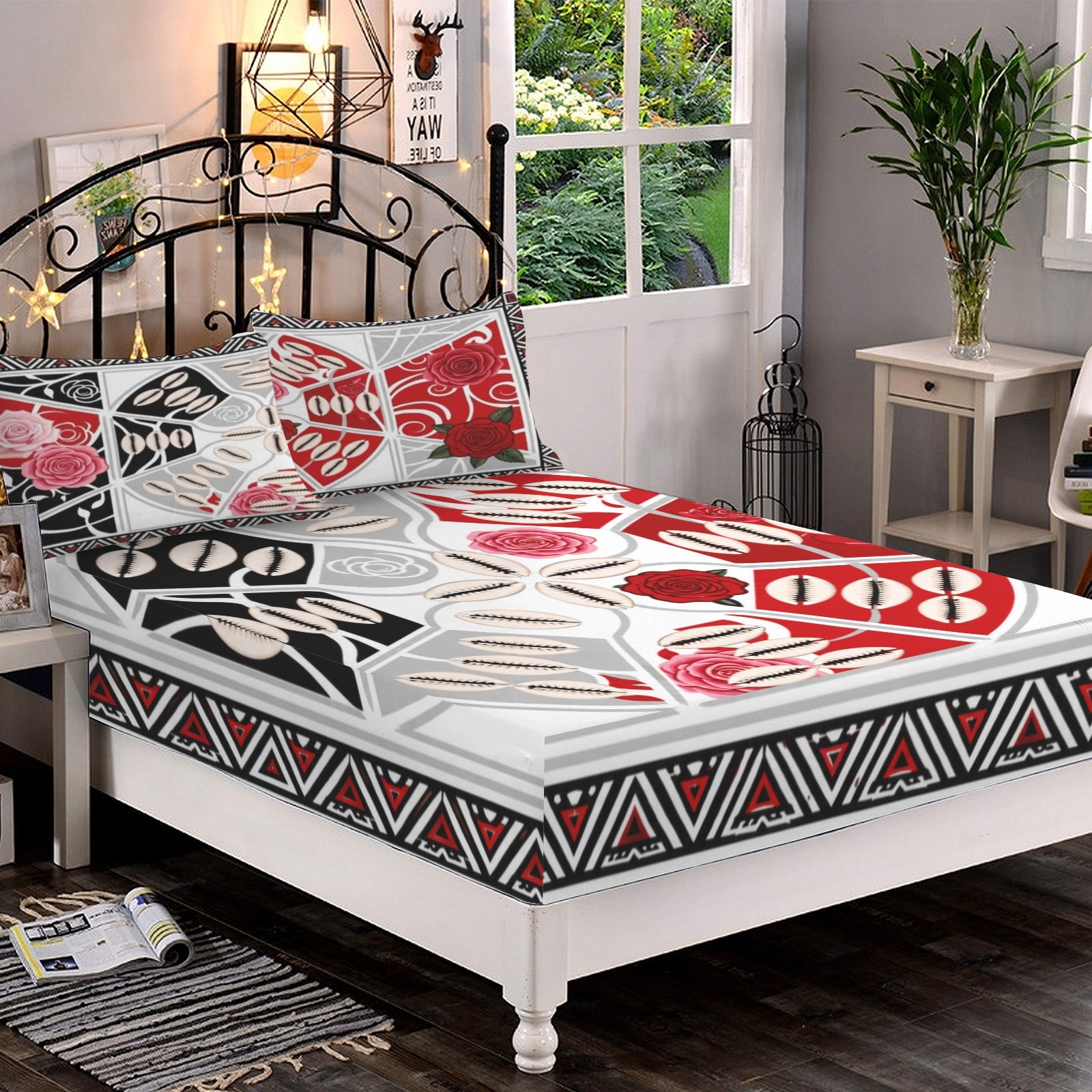 The Tribal Elegance Harmony Series – Crimson Harmony Queen Bed Set(Fitted Sheet + Pillowcases)