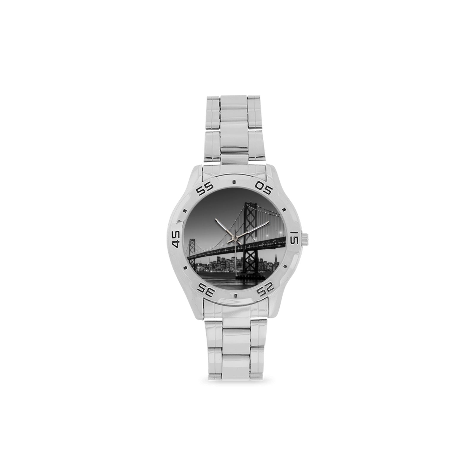 Men's stainless steel analog watch with San Francisco bridge design and metal band
